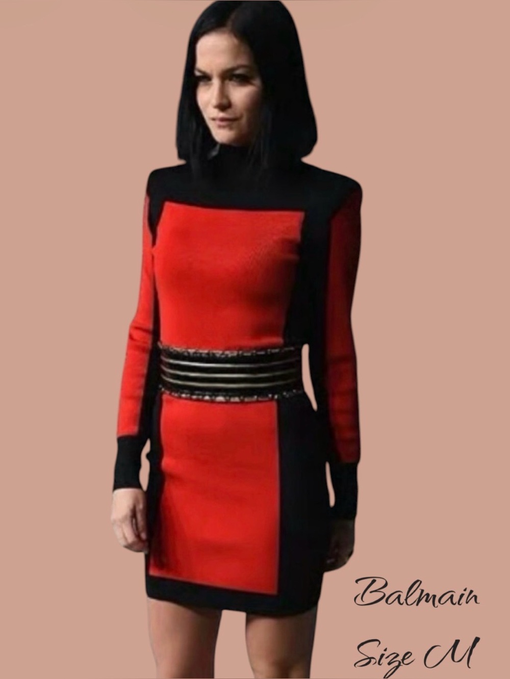 Balmain Red and Black Colorblock Long-Sleeve Bodycon Dress